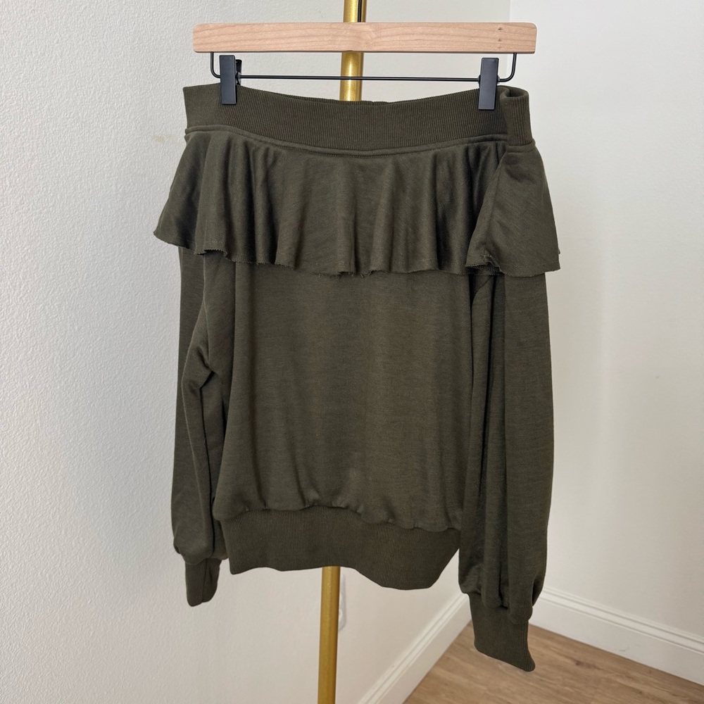 Olive Green Off-Shoulder Ruffle Sweater